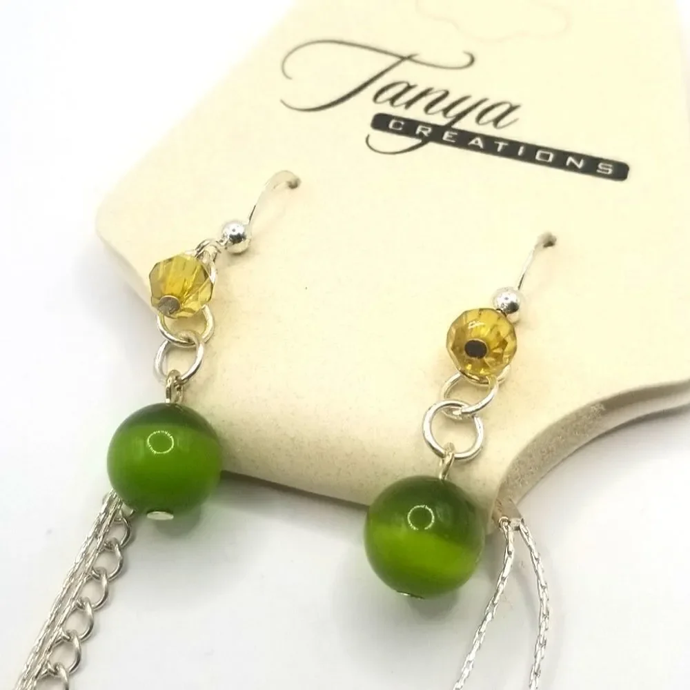 silver toned layered green floating Beaded womans necklace and earrings set. - Picture 6 of 9